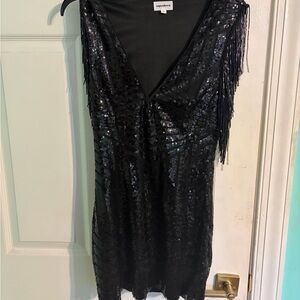 superdown Black Sequin Fringe V-Neck Mini Dress